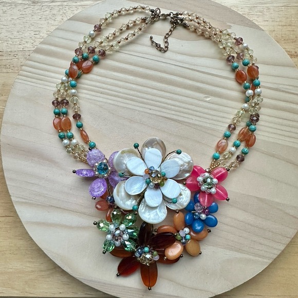 VTG Artisan Statement Bib Flower Necklace 20" Crystal MOP Shell‎ Acrylic Beads - Picture 1 of 12